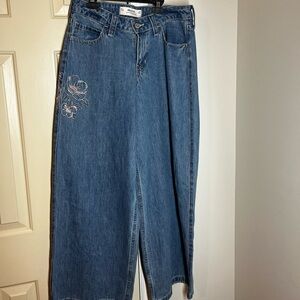 Hollister Blue Straight Leg Jeans with Floral Embroidery